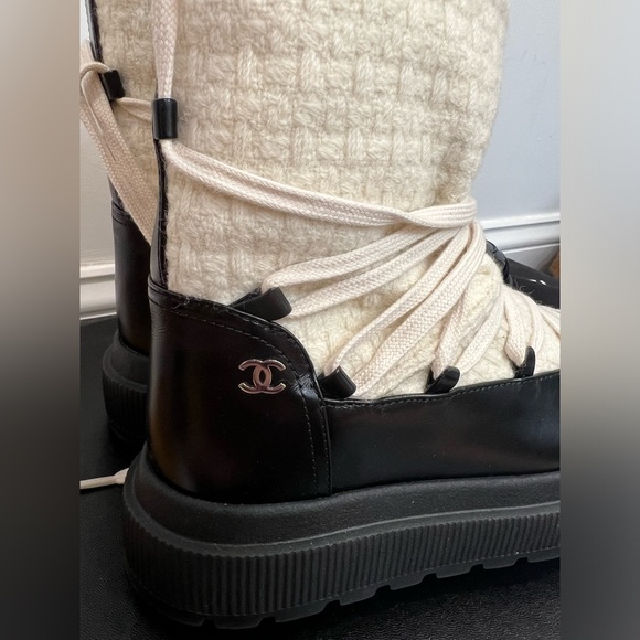 Chanel Tweed Snow Boots Black Beige Size 38 - Picture 4 of 8